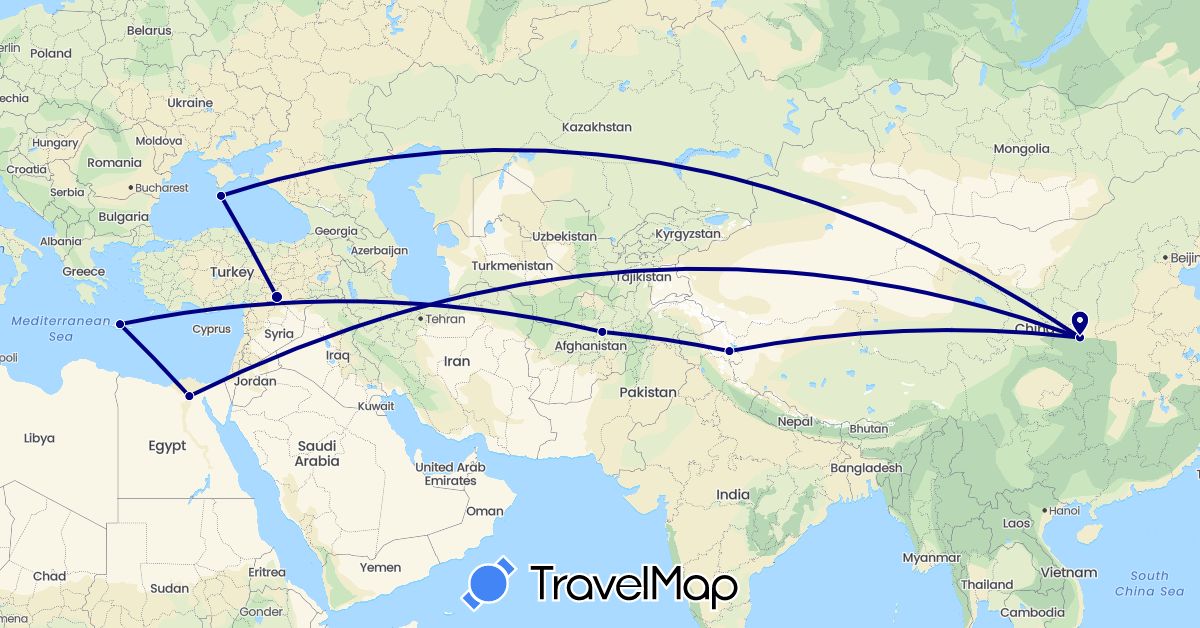 TravelMap itinerary: driving in Afghanistan, China, Egypt, Greece, India, Turkey (Africa, Asia, Europe)